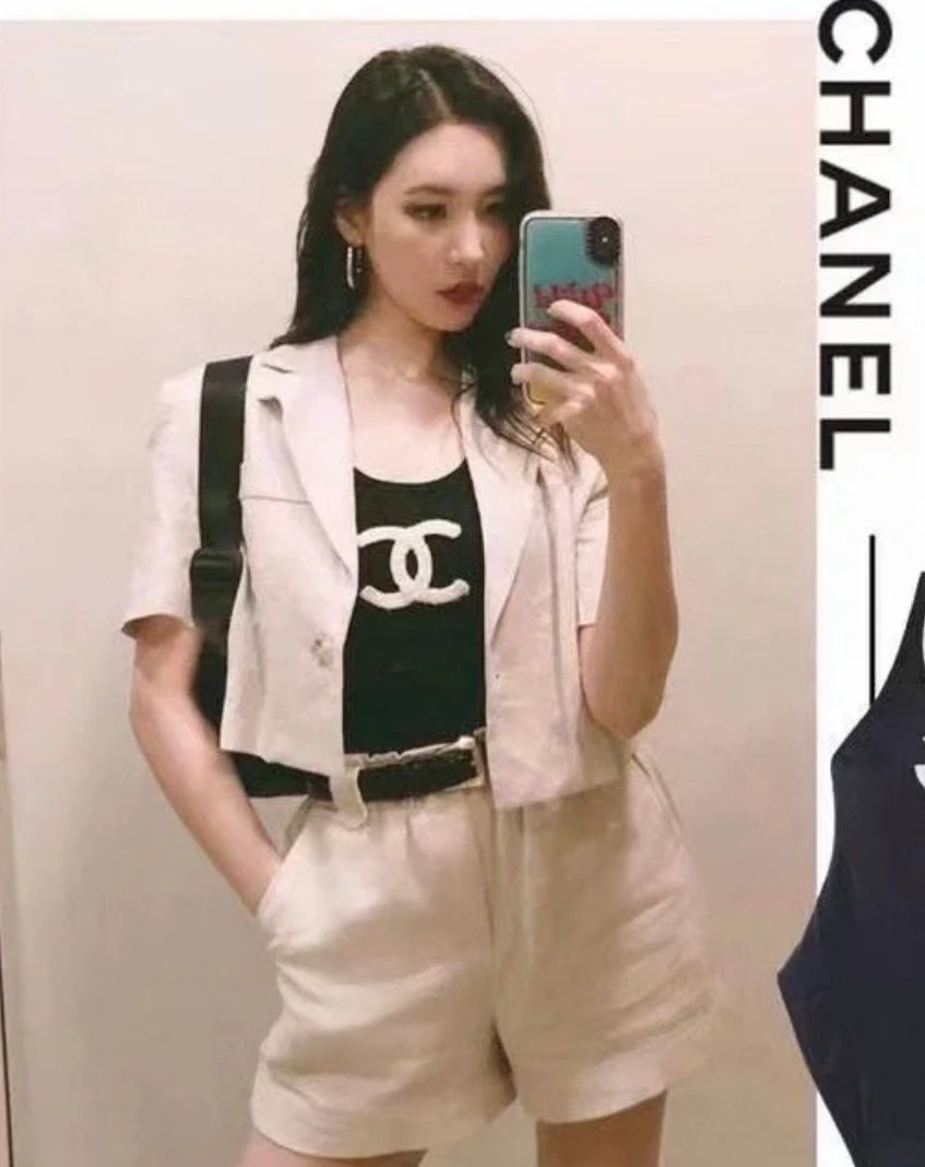 Chanel flag shoulder strap black logo swimsuit Size:36