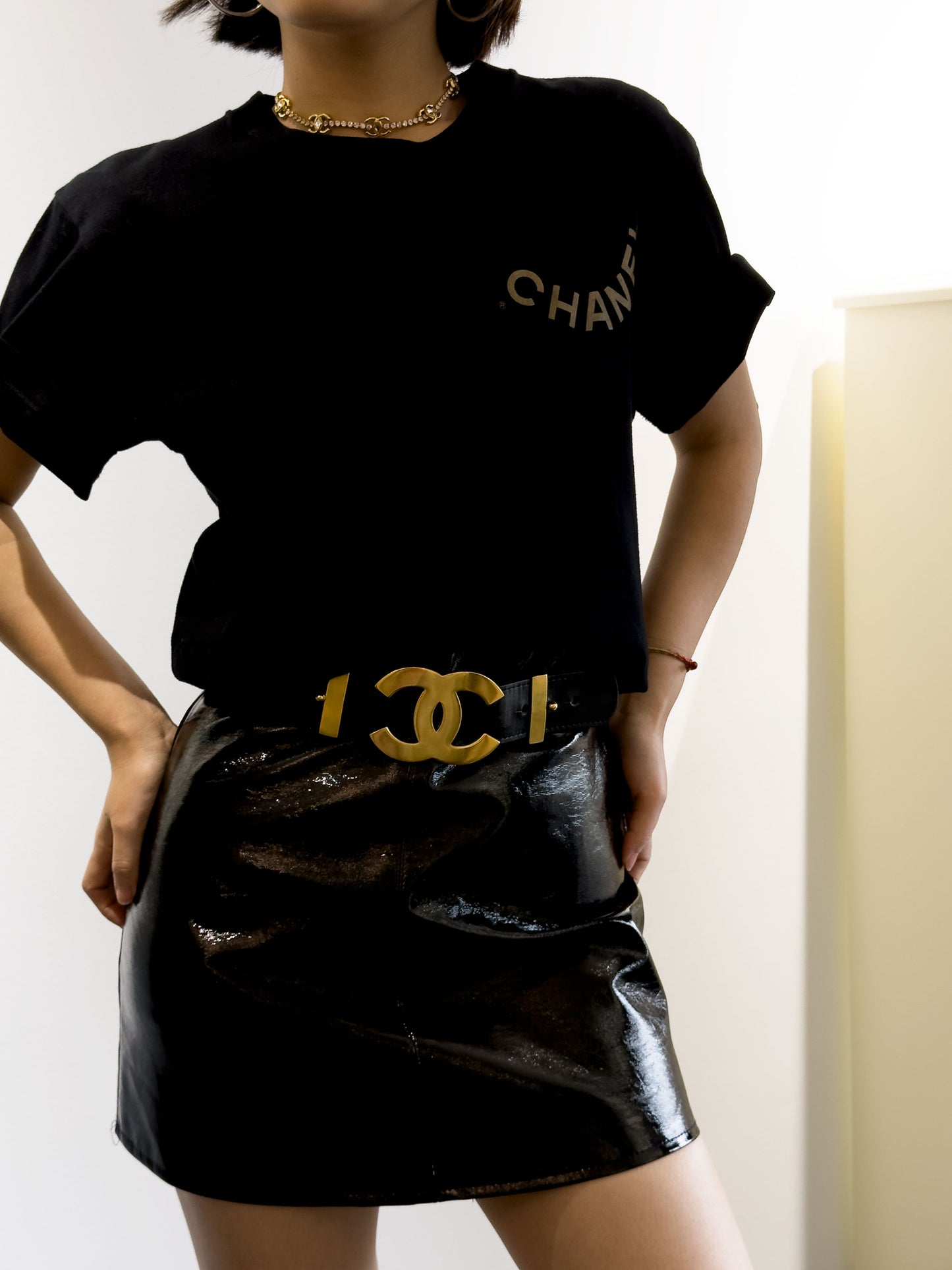 Chanel black wide waistband with gold oversized logo