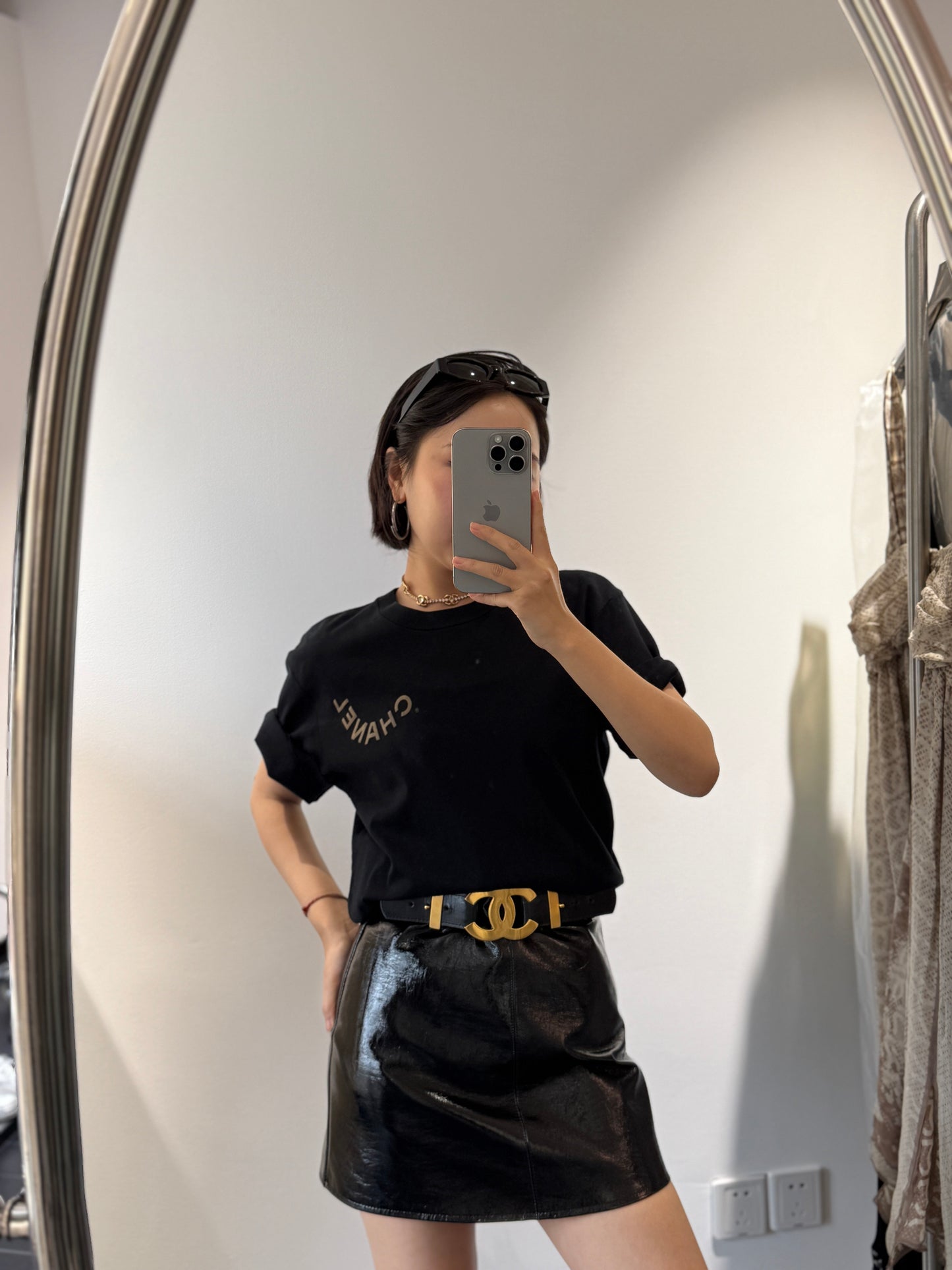 Chanel black wide waistband with gold oversized logo