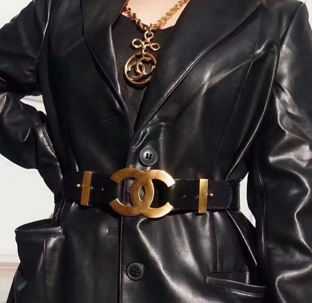 Chanel black wide waistband with gold oversized logo
