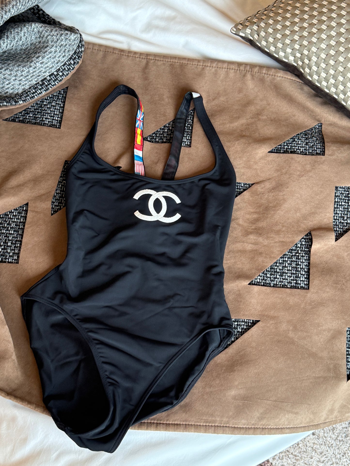 Chanel flag shoulder strap black logo swimsuit Size:36