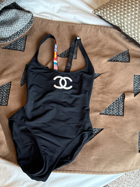 Chanel flag shoulder strap black logo swimsuit Size:36