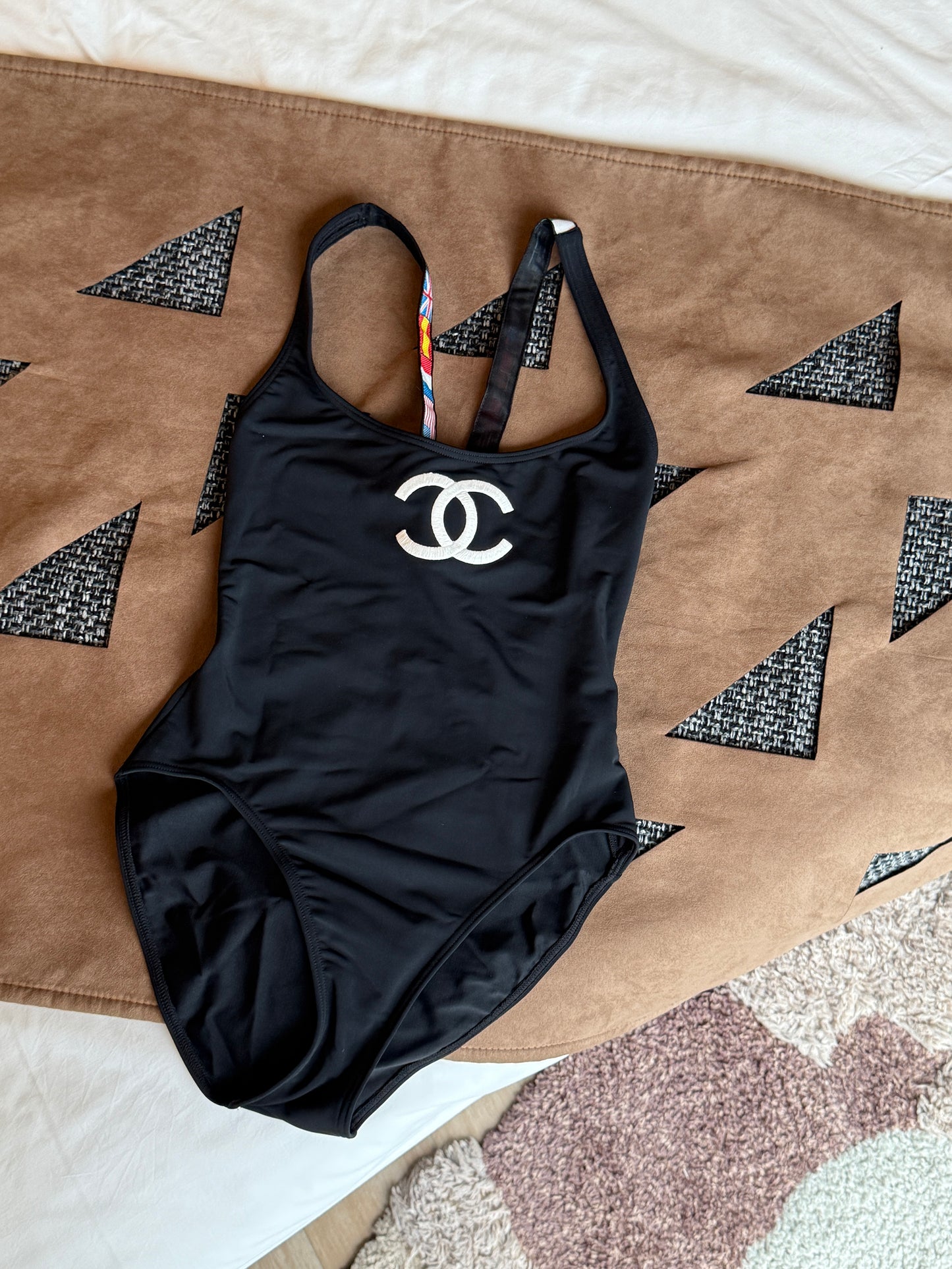 Chanel flag shoulder strap black logo swimsuit Size:36