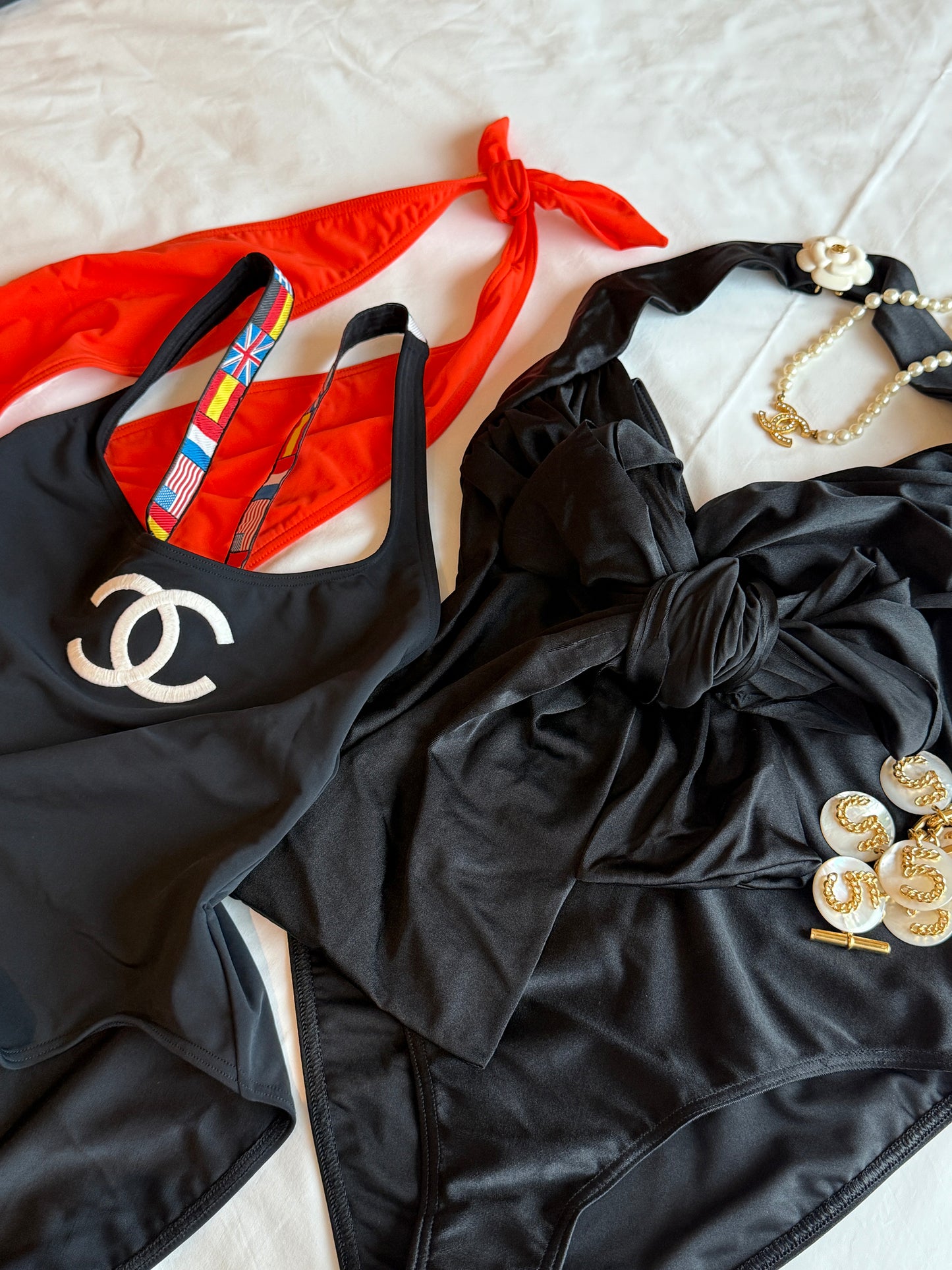 Chanel flag shoulder strap black logo swimsuit Size:36