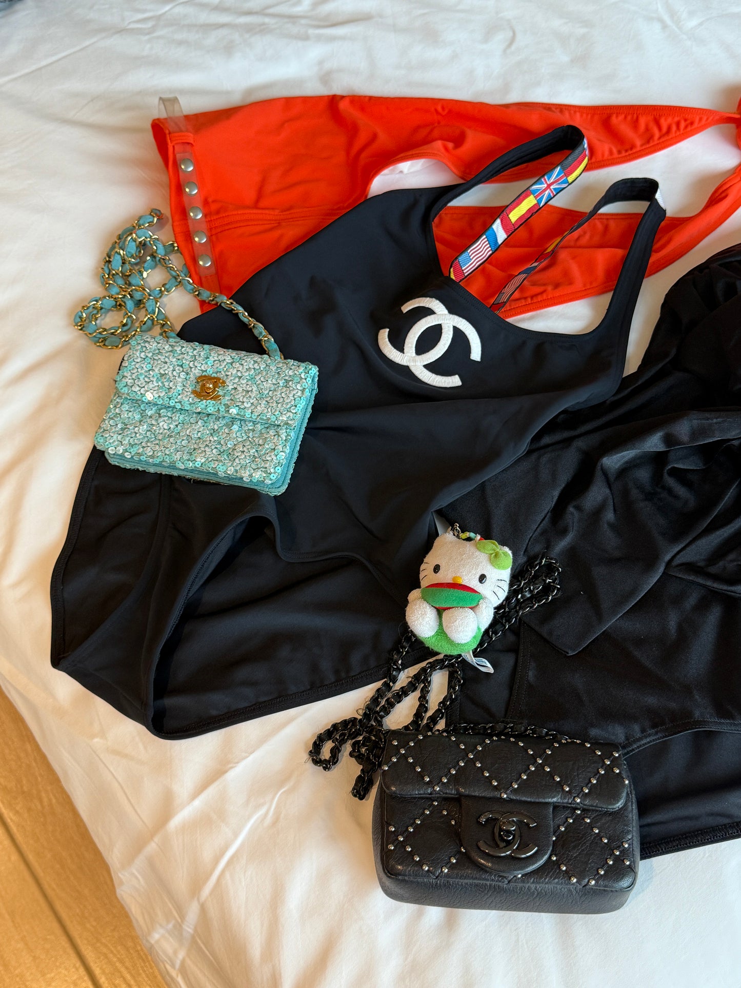 Chanel flag shoulder strap black logo swimsuit Size:36