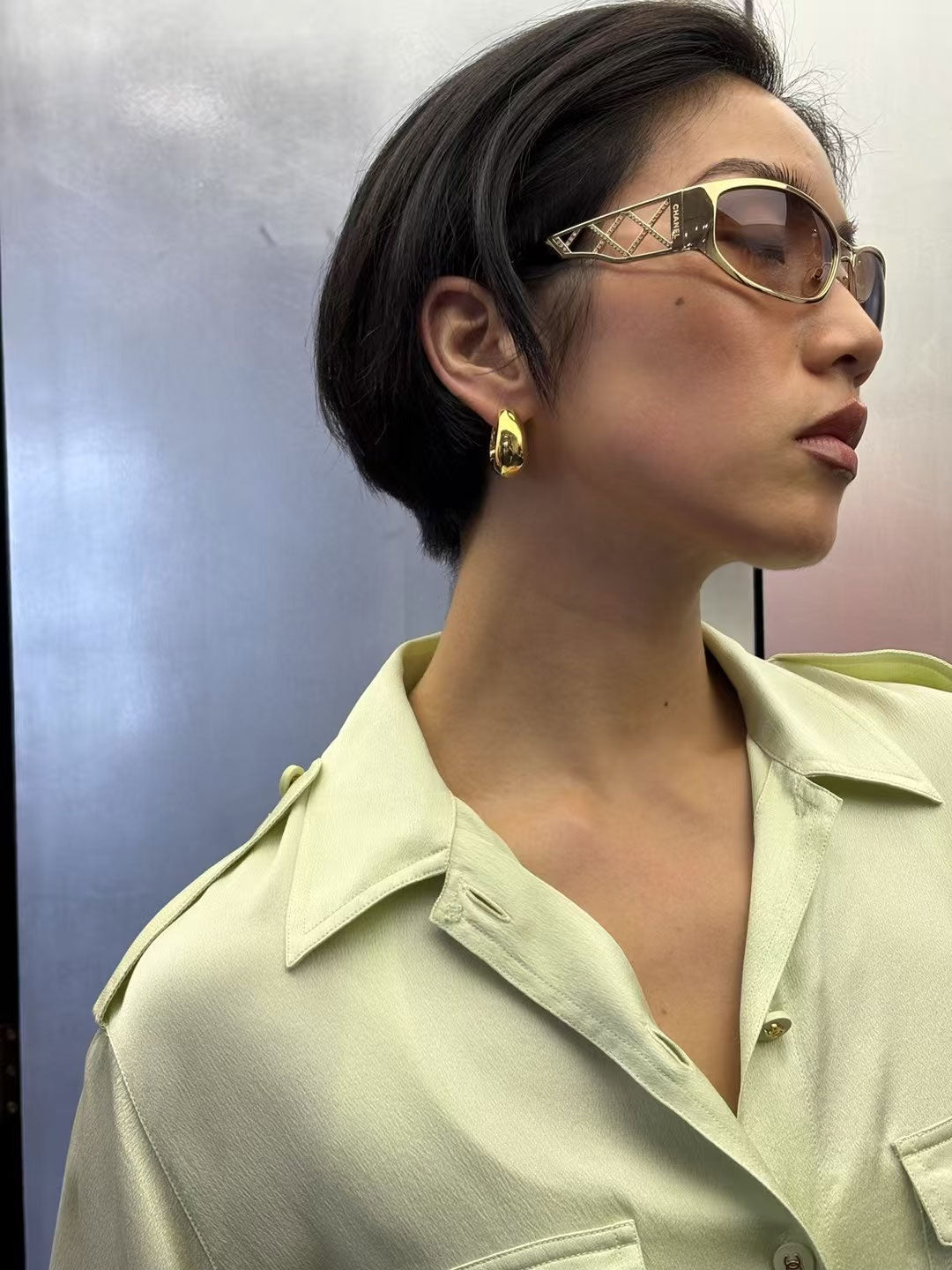 Chanel 1997 Magazine Silk Shirt mint green Size:38