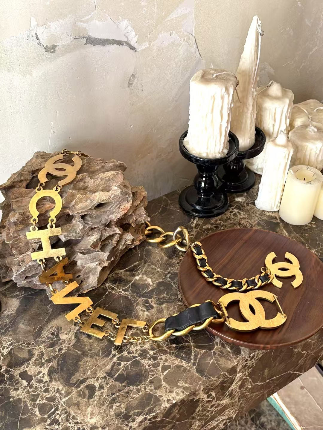 Chanel Black Gold Alphabet Leather Chain Belt