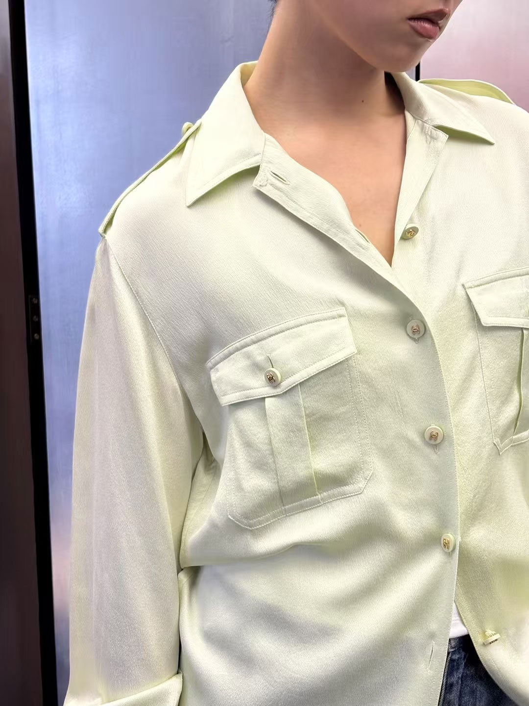 Chanel 1997 Magazine Silk Shirt mint green Size:38