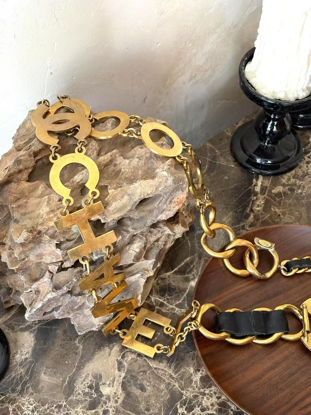 Chanel Black Gold Alphabet Leather Chain Belt