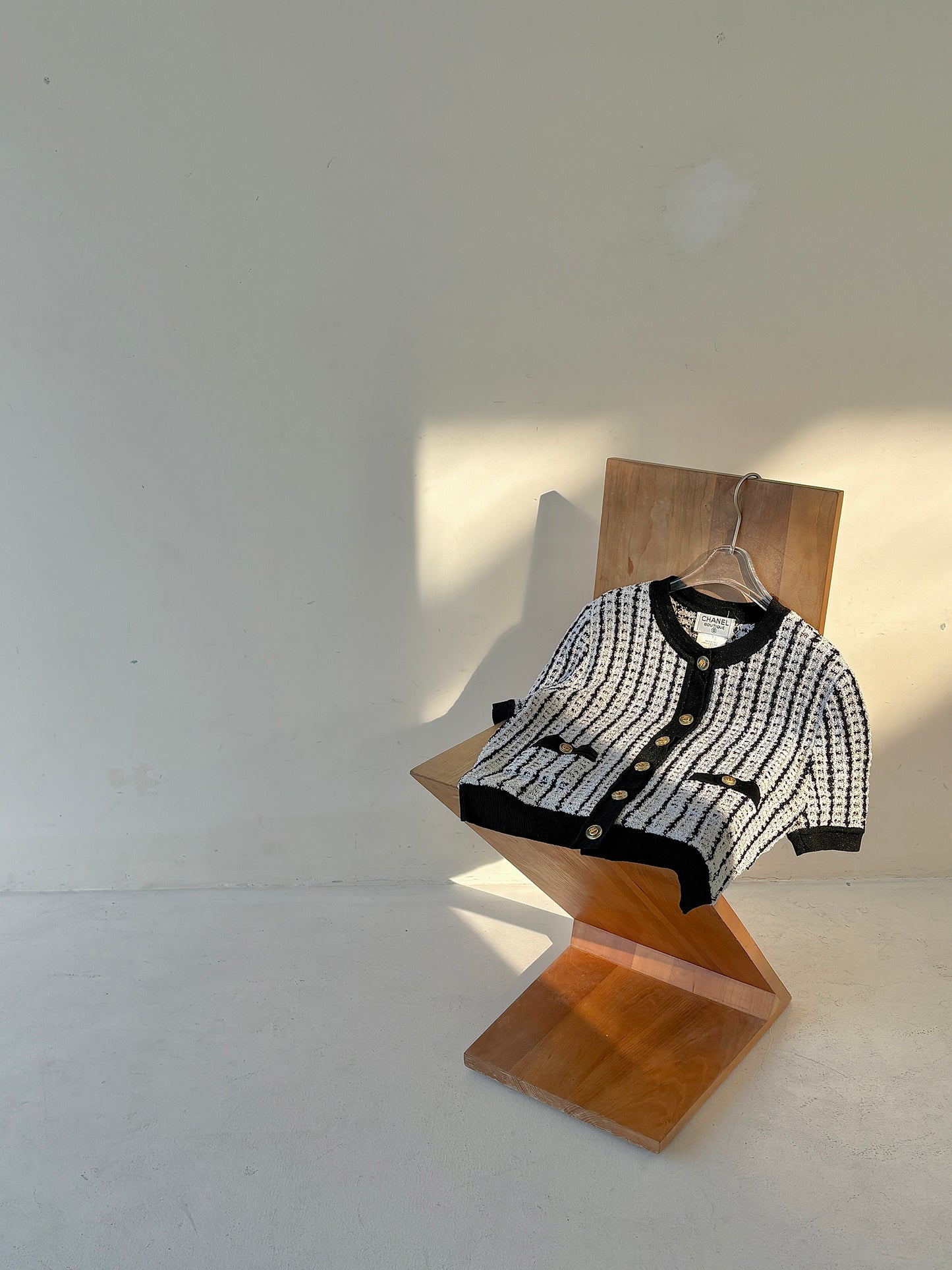 Chanel 90s black and white striped knitted short sleeved shirt size:38