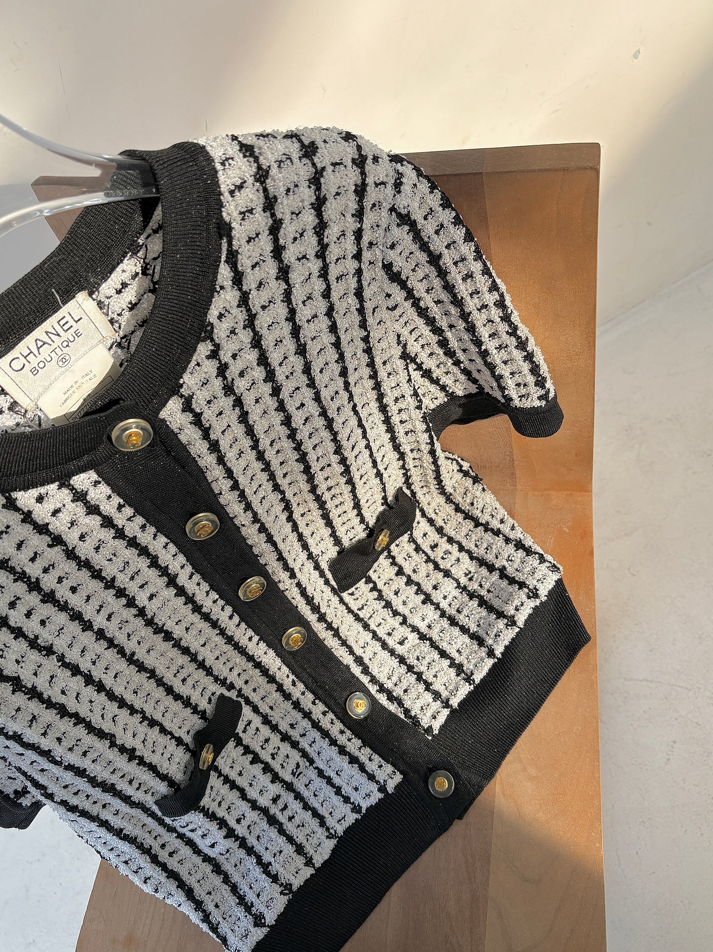 Chanel 90s black and white striped knitted short sleeved shirt size:38
