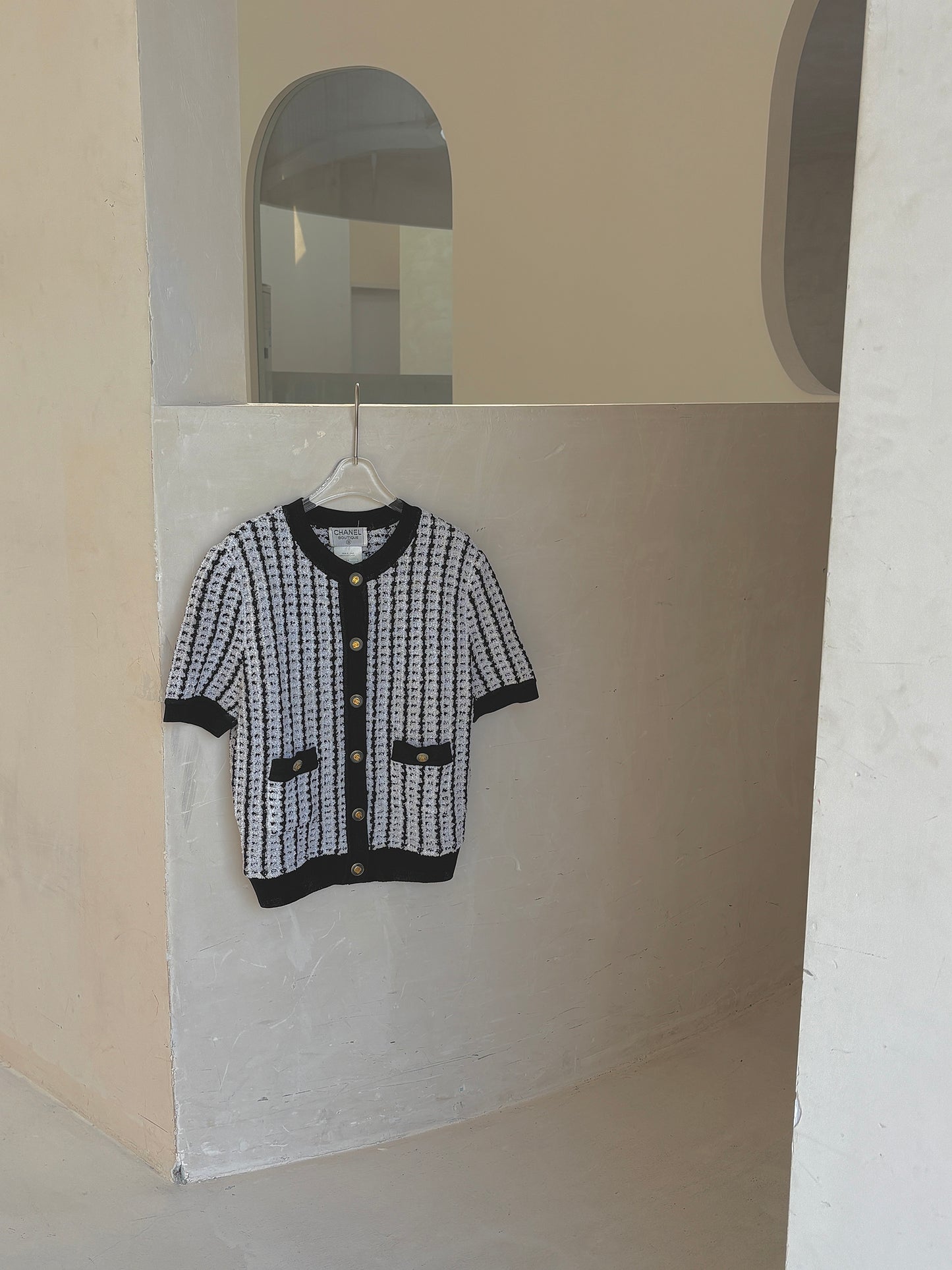 Chanel 90s black and white striped knitted short sleeved shirt size:38