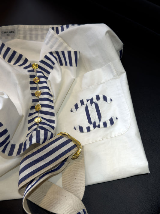 Chanel white navy style short sleeved shirt Size:38