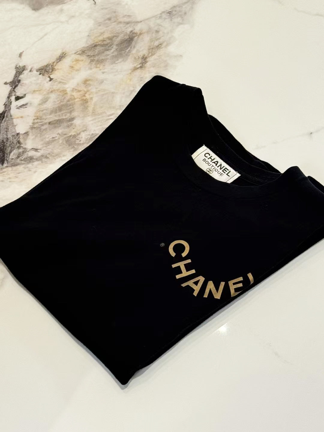 Chanel black letter printed short sleeved shirt Size:38 – A TIME
